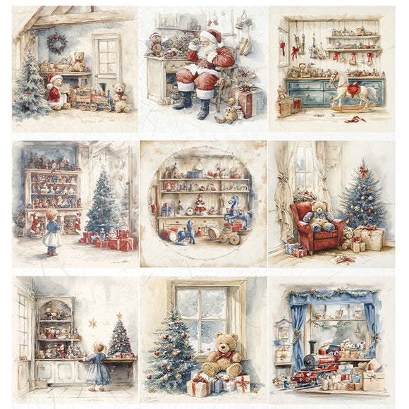 Set of Christmas-themed illustrations featuring Santa Claus, toys, and festive decorations.