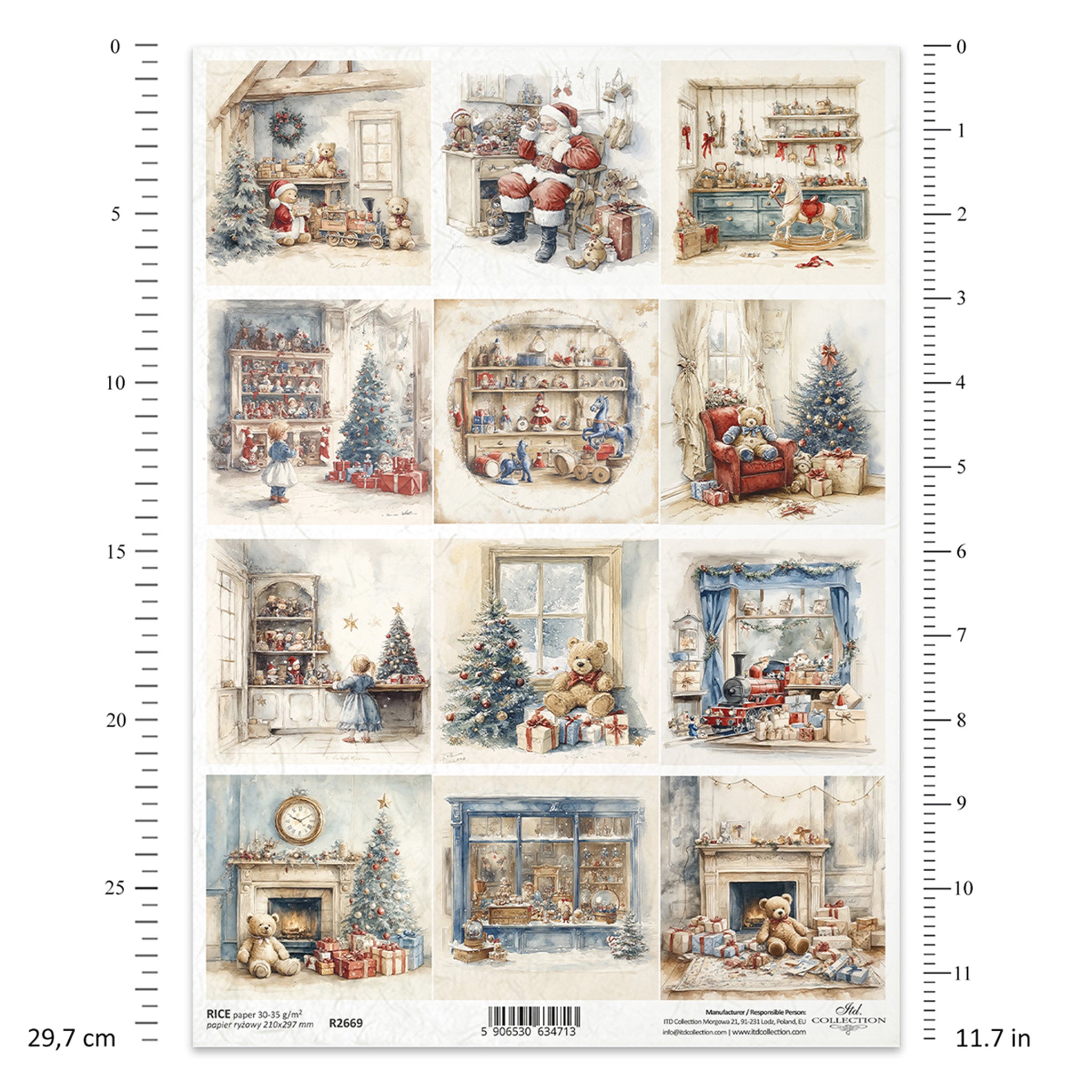 Collage of Christmas-themed illustrations with a ruler on the side for scale.