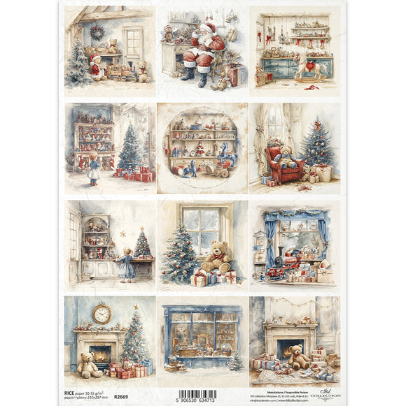 Set of Christmas-themed illustrations featuring Santa Claus, toys, and festive scenes.