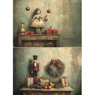 Two vintage-style Christmas scenes with a doll, nutcracker, and wreath on a textured wall.