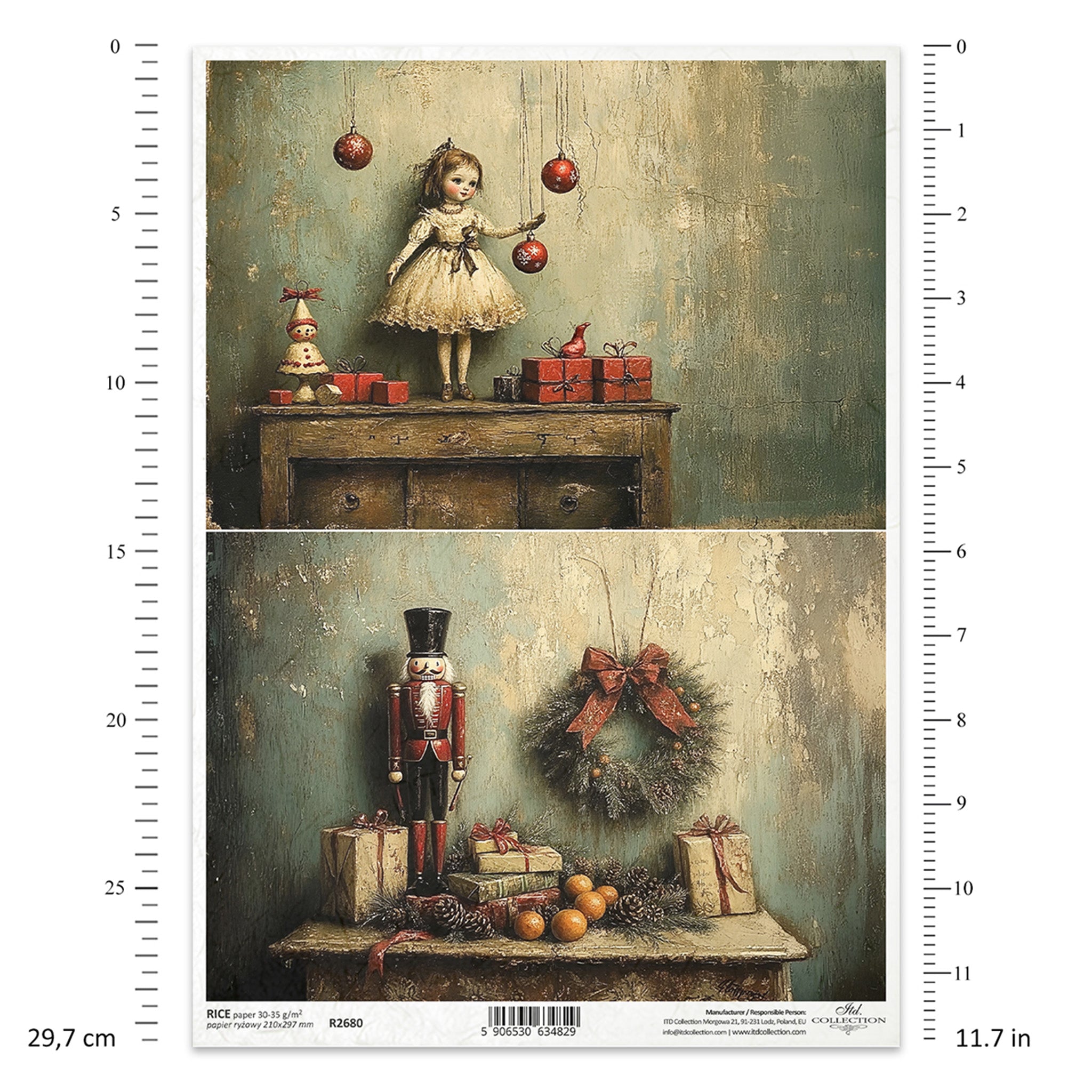 Two artistic illustrations of a young girl with ornaments and a nutcracker scene, featuring a measurement scale on the sides.