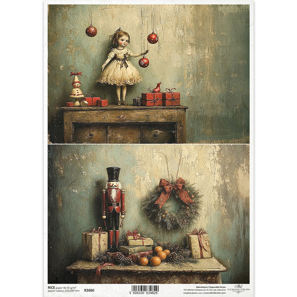 Vintage-style Christmas scene with a doll, nutcracker, and wreath on a textured wall.