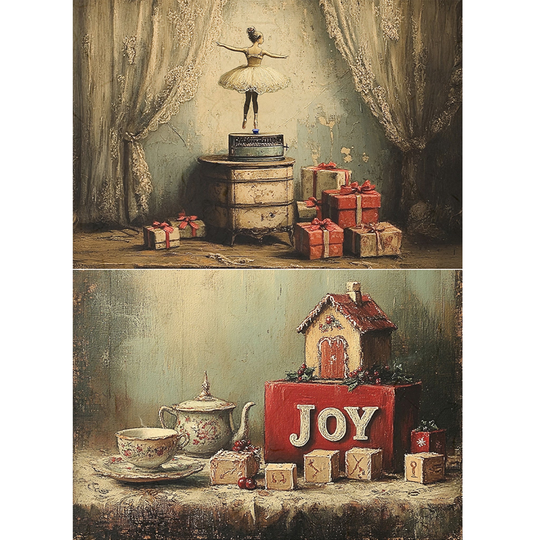 Decorative paper with two scenes: a dancer on a barrel and a tea set with 'JOY' block