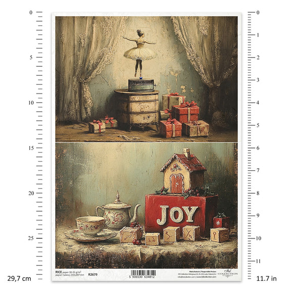 Decorative paper with two scenes: a dancer on a barrel and a tea set with 'JOY' blocks, framed by measurement guides.