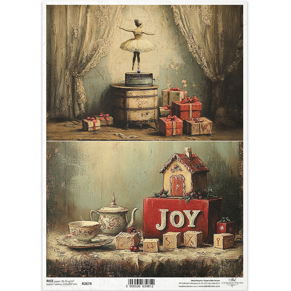 Decorative paper with vintage-style scene featuring a dancer, presents, and 'JOY' blocks.