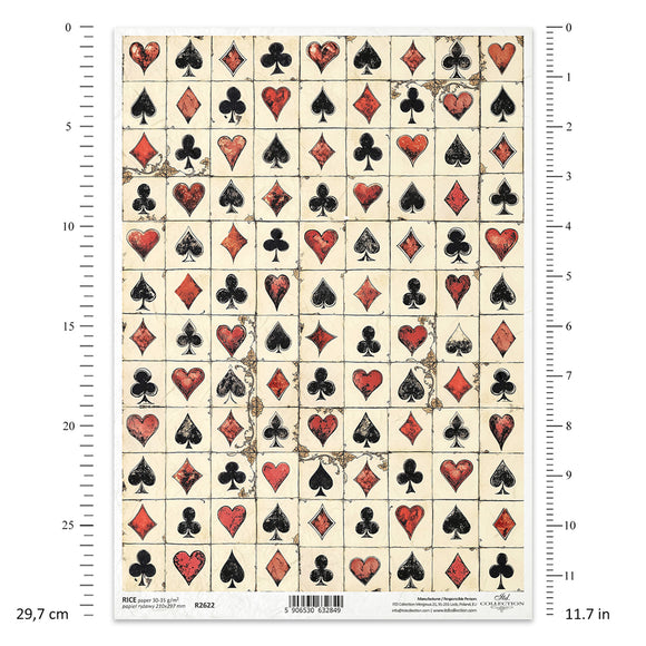 Playing card suit symbols with measurements on a white background