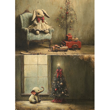 Two paintings: one with a rabbit in a chair and toys, the other with an elephant by a Christmas tree.