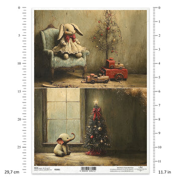 Two framed artworks showing a bunny in a chair and a child by a Christmas tree, with measurement guides on the sides.