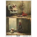 Two framed artworks depicting a stuffed rabbit and elephant in a room with toys and a Christmas tree.