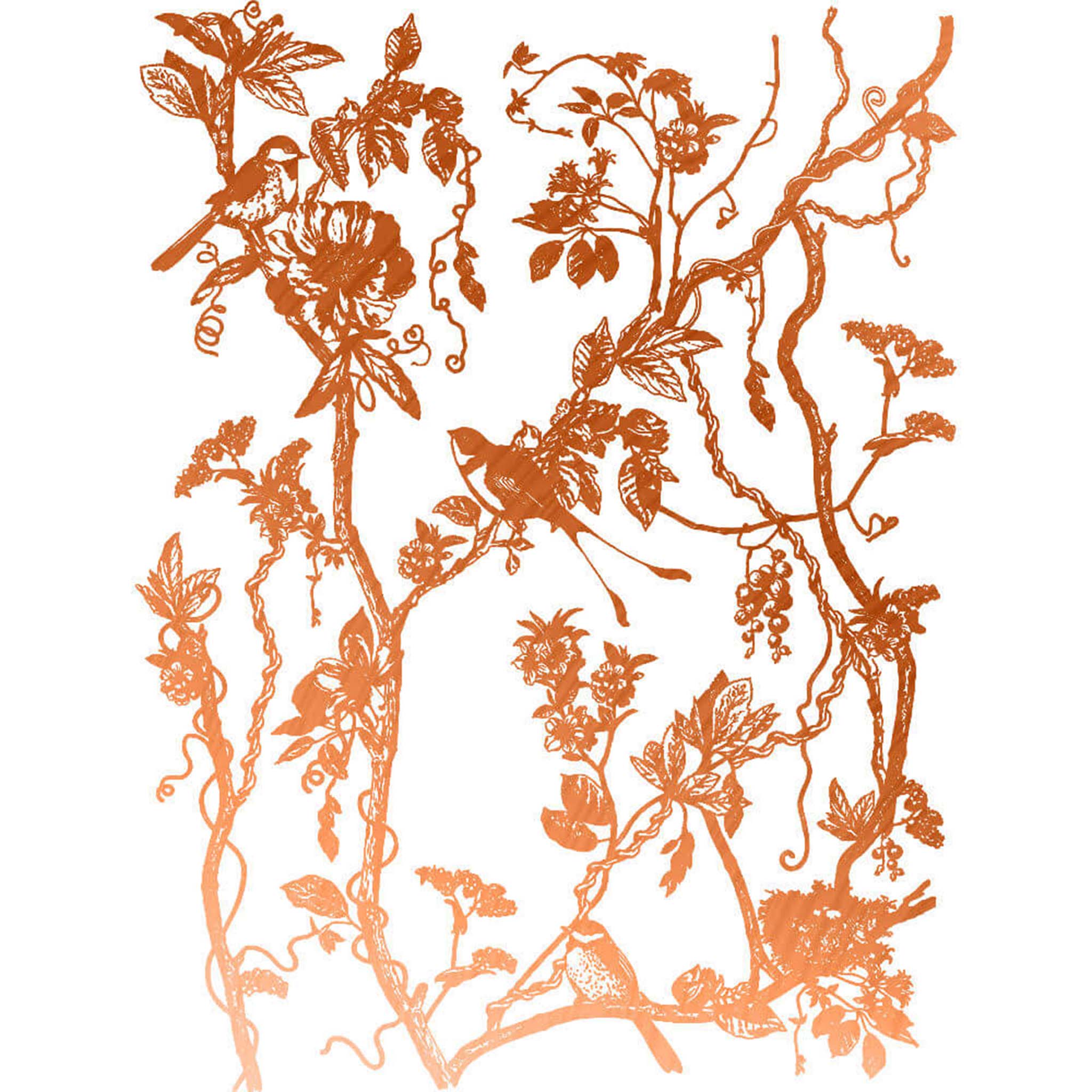 Copper foil transfer design featuring charming birds perched on blooming branches and vines is against a white background.