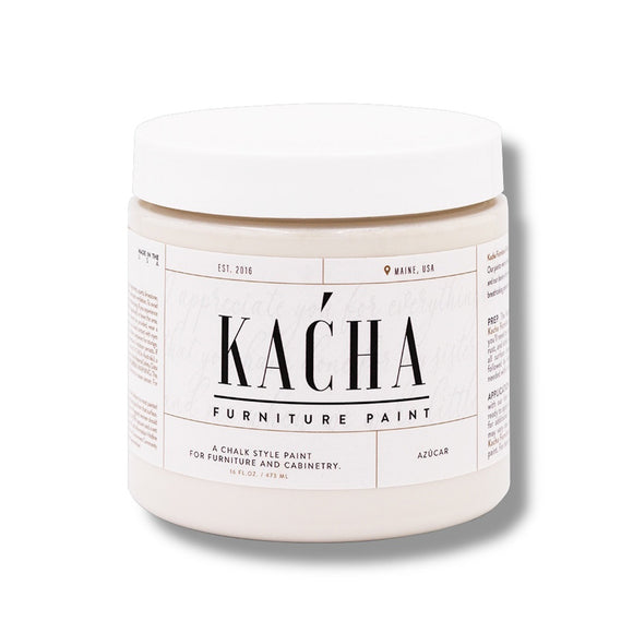 A 16 oz container of Kacha Furniture Paint in the color Azucar (white) is against a white background.