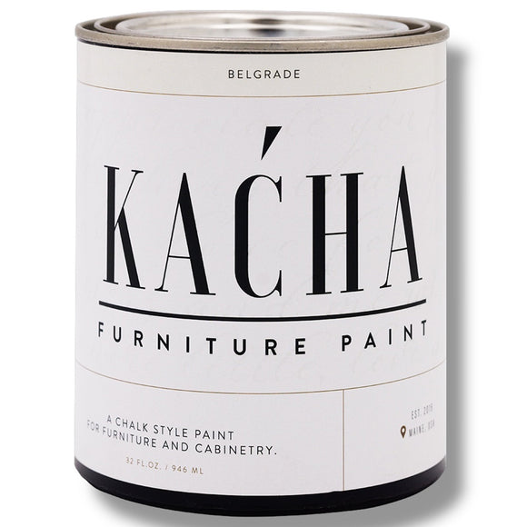 A 32oz can of Kacha Furniture Paint in the color Belgrade (off-white) is against a white background.