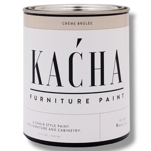 A 32oz can of Kacha Furniture Paint in the color Creme Brulee (neutral beige) is against a white background.