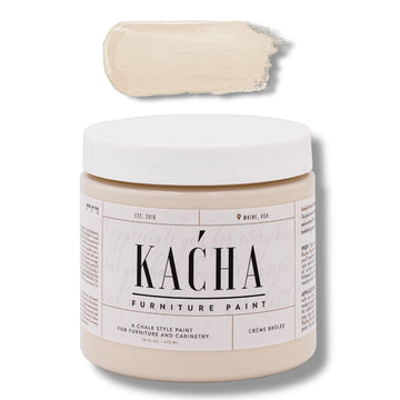 A 16 oz container and swatch sample of Kacha Furniture Paint in the color Creme Brulee (neutral beige) is against a white background.