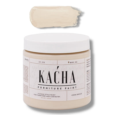 A 16 oz container and swatch sample of Kacha Furniture Paint in the color Creme Brulee (neutral beige) is against a white background.