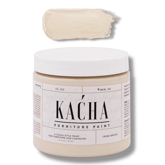 A 16 oz container and swatch sample of Kacha Furniture Paint in the color Creme Brulee (neutral beige) is against a white background.