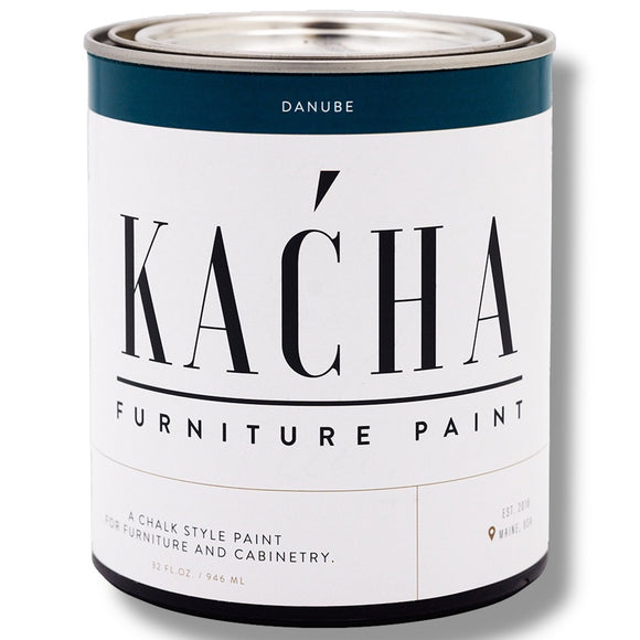 A 32oz can of Kacha Furniture Paint in the color Danube (moody blue-green) is against a white background.