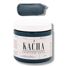 A 16 oz container and swatch sample of Kacha Furniture Paint in the color Danube (moody blue-green) is against a white background.