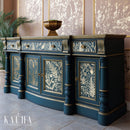 A vintage large buffet table refurbished by Kacha features Kacha's Danube (moody blue-green) Furniture Paint with gold accents.