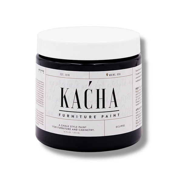A 16 oz container of Kacha Furniture Paint in the color Eclipse (true black) is against a white background.