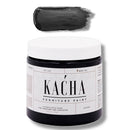 A 16 oz container and swatch sample of Kacha Furniture Paint in the color Eclipse (true black) is against a white background.