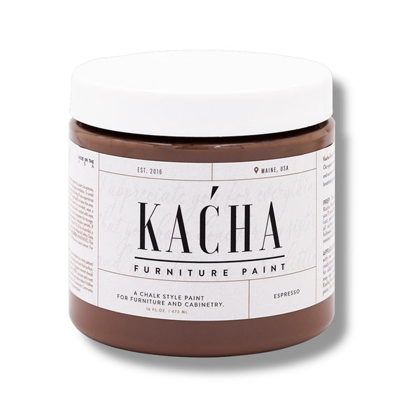 A 16 oz container of Kacha Furniture Paint in the color Espresso (brown) is against a white background.