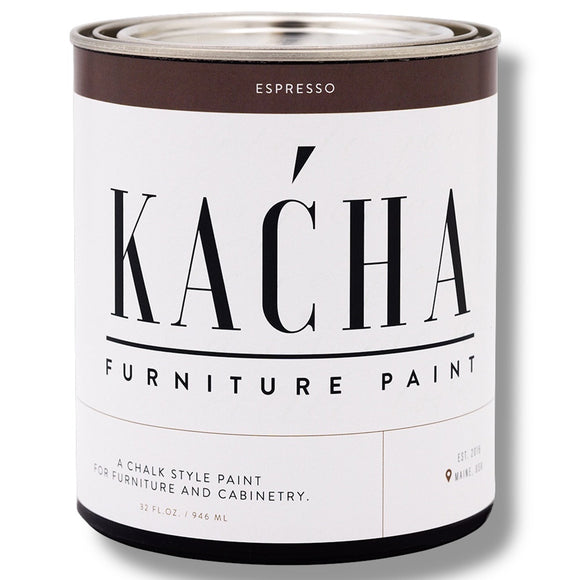 A 32 oz can of Kacha Furniture Paint in the color Espresso (brown) is against a white background.