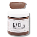 A 16 oz container and swatch sample of Kacha Furniture Paint in the color Espresso (brown) is against a white background.