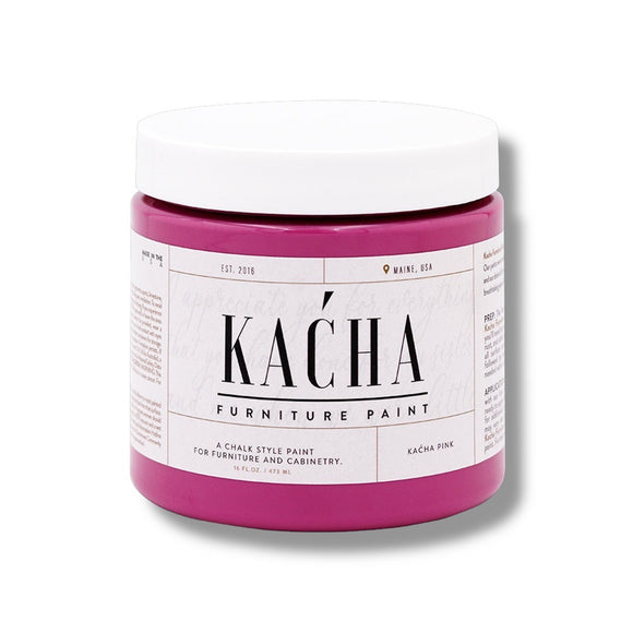 A 16 oz container of Kacha Furniture Paint in the color Kacha Pink is against a white background.