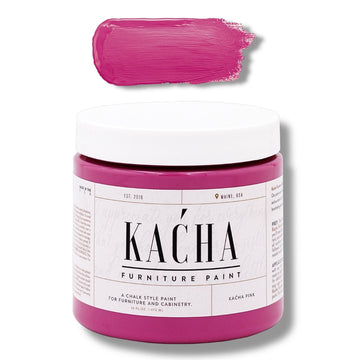 A 16 oz container and swatch sample of Kacha Furniture Paint in the color Kacha Pink is against a white background.