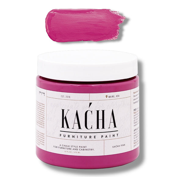 A 16 oz container and swatch sample of Kacha Furniture Paint in the color Kacha Pink is against a white background.