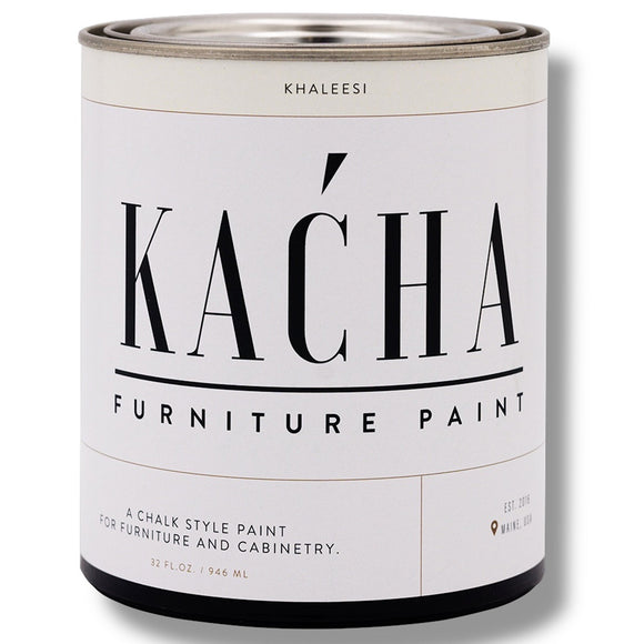 A 32oz can of Kacha Furniture Paint in the color Kahleesi (bright white) is against a white background.