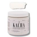 A 16 oz container and swatch sample of Kacha Furniture Paint in the color Kahleesi (bright white) is against a white background.