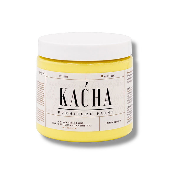 A 16 oz container of Kacha Furniture Paint in the color Lemon Yellow is against a white background.