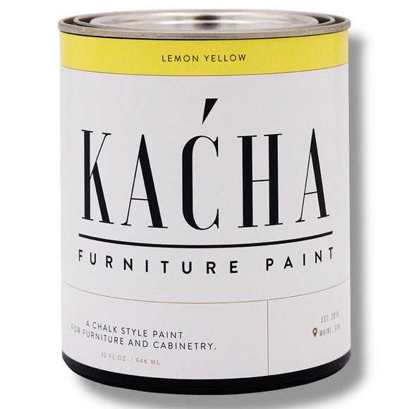 A 32 oz can of Kacha Furniture Paint in the color Lemon Yellow is against a white background.