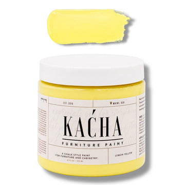 A 16 oz container and swatch sample of Kacha Furniture Paint in the color Lemon Yellow is against a white background.