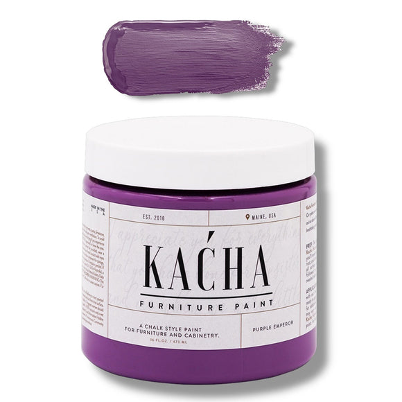 A 16 oz container and swatch sample of Kacha Furniture Paint in the color Purple Emperor is against a white background.