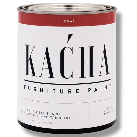 A 32 oz can of Kacha Furniture Paint in the color Rouge (warm red with brown undertones) is against a white background.