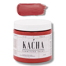 A 16 oz container and swatch sample of Kacha Furniture Paint in the color Rouge (warm red with brown undertones) is against a white background.