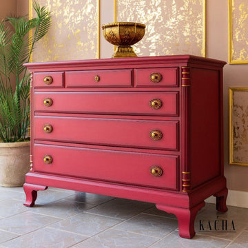 A vintage large 6-drawer dresser refurbished by Kacha features Kacha Rouge red paint.