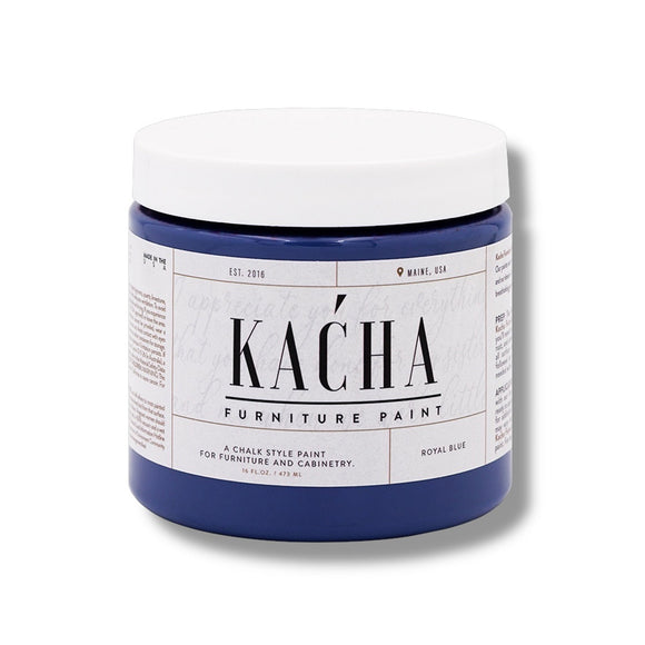 A 16 oz container of Kacha Furniture Paint in the color Royal Blue is against a white background.