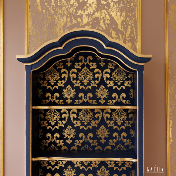 A close-up of a hutch refurbished by Kacha features Kacha Royal Blue paint with gold details.
