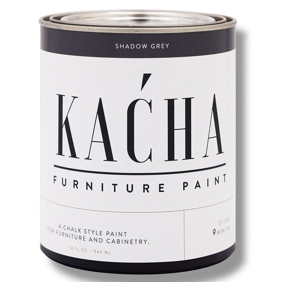 A 32 oz can of Kacha Furniture Paint in the color Shadow Grey (charcoal) is against a white background.