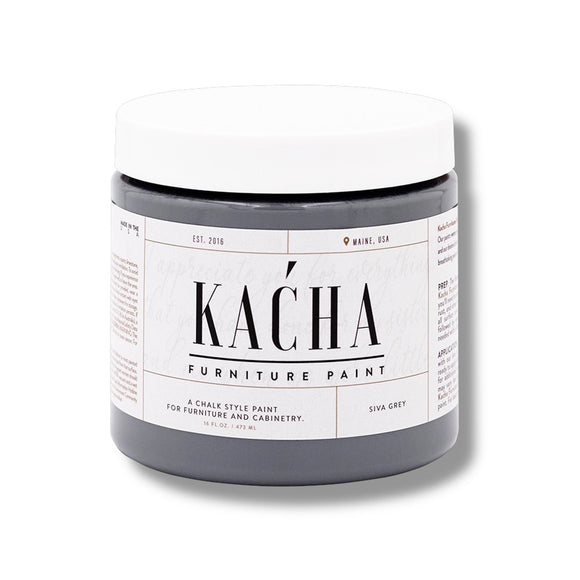A 16 oz container of Kacha Furniture Paint in the color Siva Grey (steel grey) is against a white background.