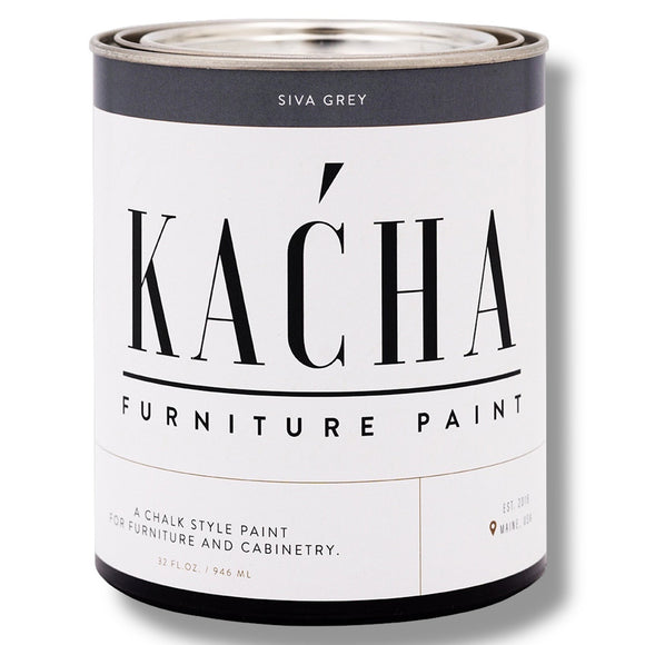 A 32 oz can of Kacha Furniture Paint in the color Siva Grey (steel grey) is against a white background.