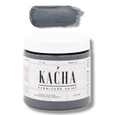 A 16 oz container and swatch sample of Kacha Furniture Paint in the color Siva Grey (steel grey) is against a white background.
