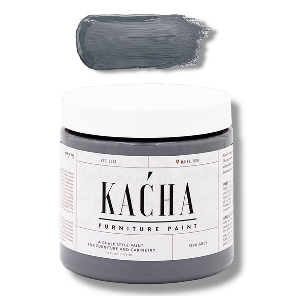 A 16 oz container and swatch sample of Kacha Furniture Paint in the color Siva Grey (steel grey) is against a white background.