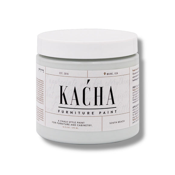 A 16 oz container of Kacha Furniture Paint in the color South Beach (cool, soft green) is against a white background.
