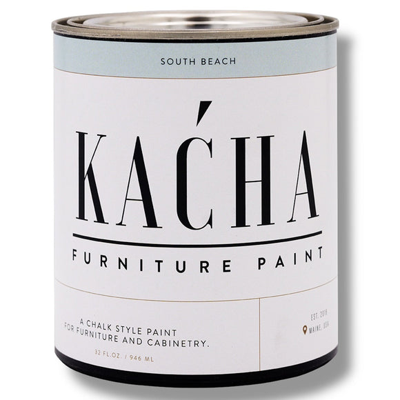 A 32 oz can of Kacha Furniture Paint in the color South Beach (cool, soft green) is against a white background.