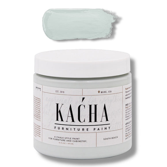 A 16 oz container and swatch sample of Kacha Furniture Paint in the color South Beach (cool, soft green) is against a white background.